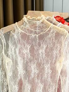 Camiseta de encaje de cuello alto y peso ligero para mujer de talla grande, nueva capa base con volantes y malla, primavera y otoño 2025 - Albaricoque - Ver 4