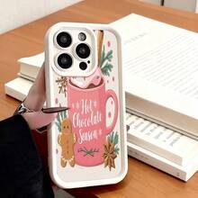 Cubierta de teléfono con diseño de taza de chocolate caliente color rosa con galleta de jengibre y texto Hot Chocolate Season para uso en cafeterías y temporada invernalCompatible with  16 Pro Max/16 Plus/16 Pro/16/15 Pro Max/15 Plus/15 Pro/15/14 Pro Max/14 Plus/14 Pro/14/13 Pro Max/13 Pro/13/12 Pro Max/12 Pro/12/11 Pro Max/11 Pro/11/XS Max/XR/X/7 Plus/7 TPU Drop-Proof and Stain-Resistant Protective Soft Case - Negro - Ver 3