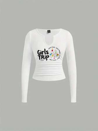 Black Long Sleeve Deep V - Neck Crop Top With Colorful Graphic Design 'Girls Trip' And Ruched Waist - Fitted Summer Casual Tee For Women, Vibrant Pink Drink & Shapes Graphic, Solid Gray Background Highlighted Toplong Sleeve Tops Women Winter Clothes For Women Long Sleeve Tops - Women's Winter Outfits: Elegant Conjunto De Mujeres + Flowy Top, Blusas & Top Negro