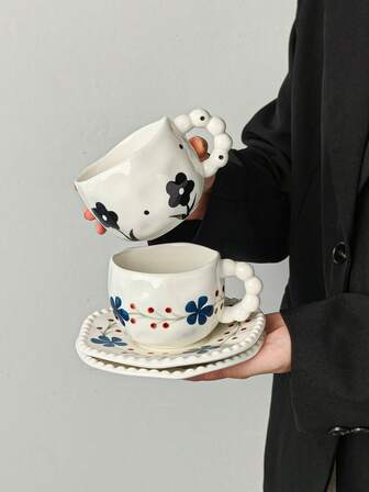 1 set färgglatt blommönster i keramik, keramikkopp och fat i vintagestil med pärlhandtag och handmålade blomdetaljer, lämplig för kaffe- och blomteprovning, passar vintage heminredning och flickvännerträffar