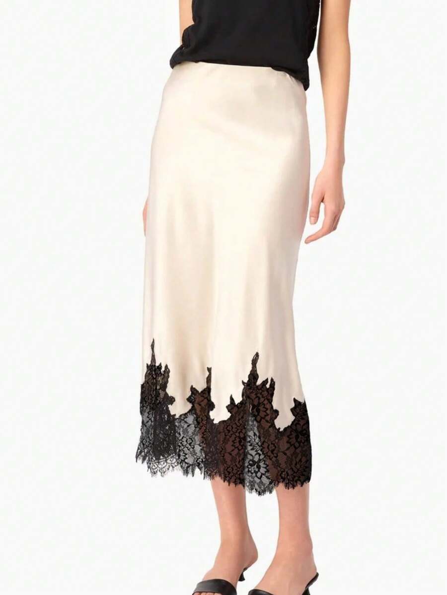 Women Satin Maxi Skirts Y2k Lace Patchwork Elastic High Waist A Line Skirts Aesthetic Elegant Midi Skirts For Daily Life Office Bar Party Club Streetwear - 香檳色 - 查看 1
