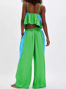 Women's Pajama Sets Lace Patchwork Spaghetti Strap Ruffled Cami Tops With Loose Pants Set Satin Silk Pj Set - màu xanh lá - Xem 3