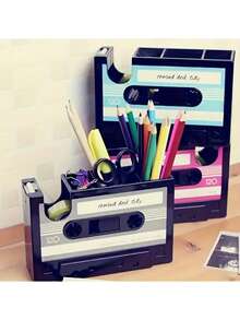 复古磁带笔筒 - 复古磁性办公用品收纳盒，PE材质，黑色，附赠彩色文具，办公收纳 | 趣味收纳 | 复古美学，磁带