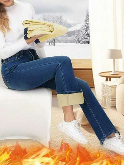 High Waist Winter Warm Stretch Flared Jeans For Classic Washed Slim Bootcut Denim Pants With Cat Whisker Details Casual Office Wear Daily