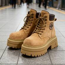 Botas cortas con suelas y tacones gruesos en estilo clásico para mujeres - Amarillo - Ver 2