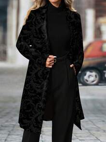 Blazer de manga larga de longitud media con estampado negro elegante y casual, con cuello entallado para primavera/otoño - Negro - Ver 1