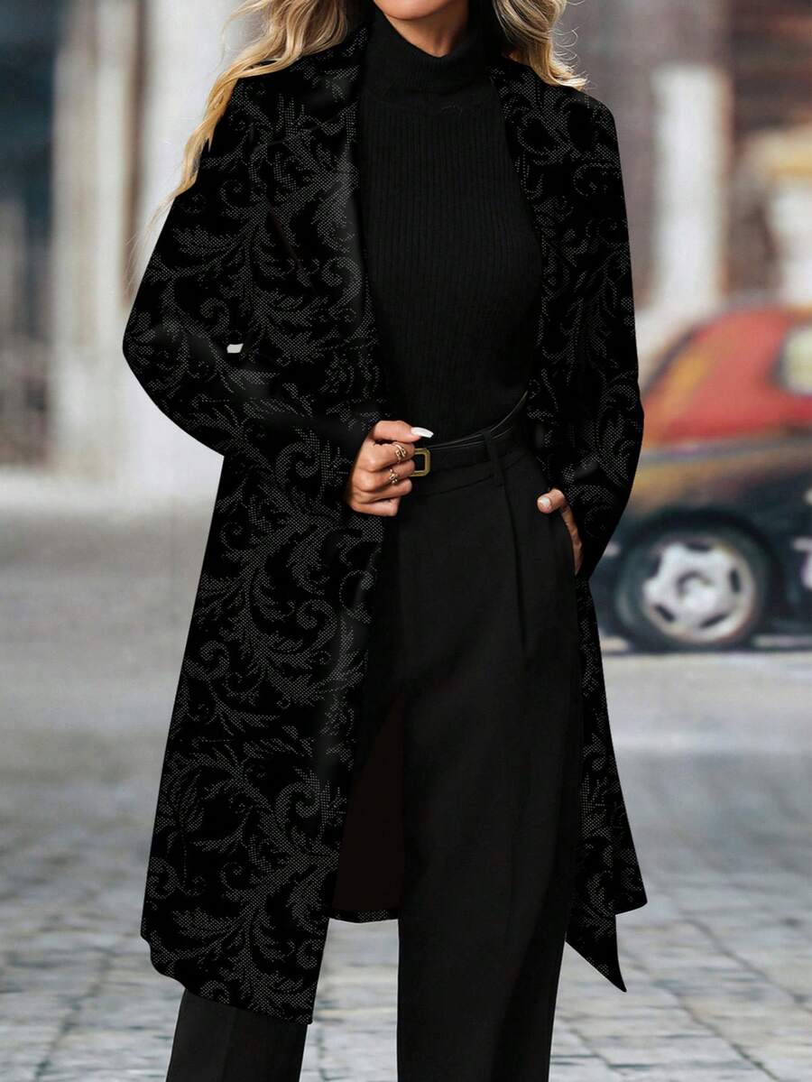 Blazer de manga larga de longitud media con estampado negro elegante y casual, con cuello entallado para primavera/otoño - Negro - Ver 1