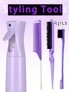 Set de 4 piezas de botella rociadora y peine, incluye 1 botella rociadora, 1 peine de cola, 1 cepillo de cejas, 1 cepillo volumizador, unisex, para uso en seco y húmedo, adecuado para cabello rizado, partición, grueso y fino, maquillaje, set de 5 piezas, regalo de Navidad/vuelta al colegio - Multicolor - Ver 9