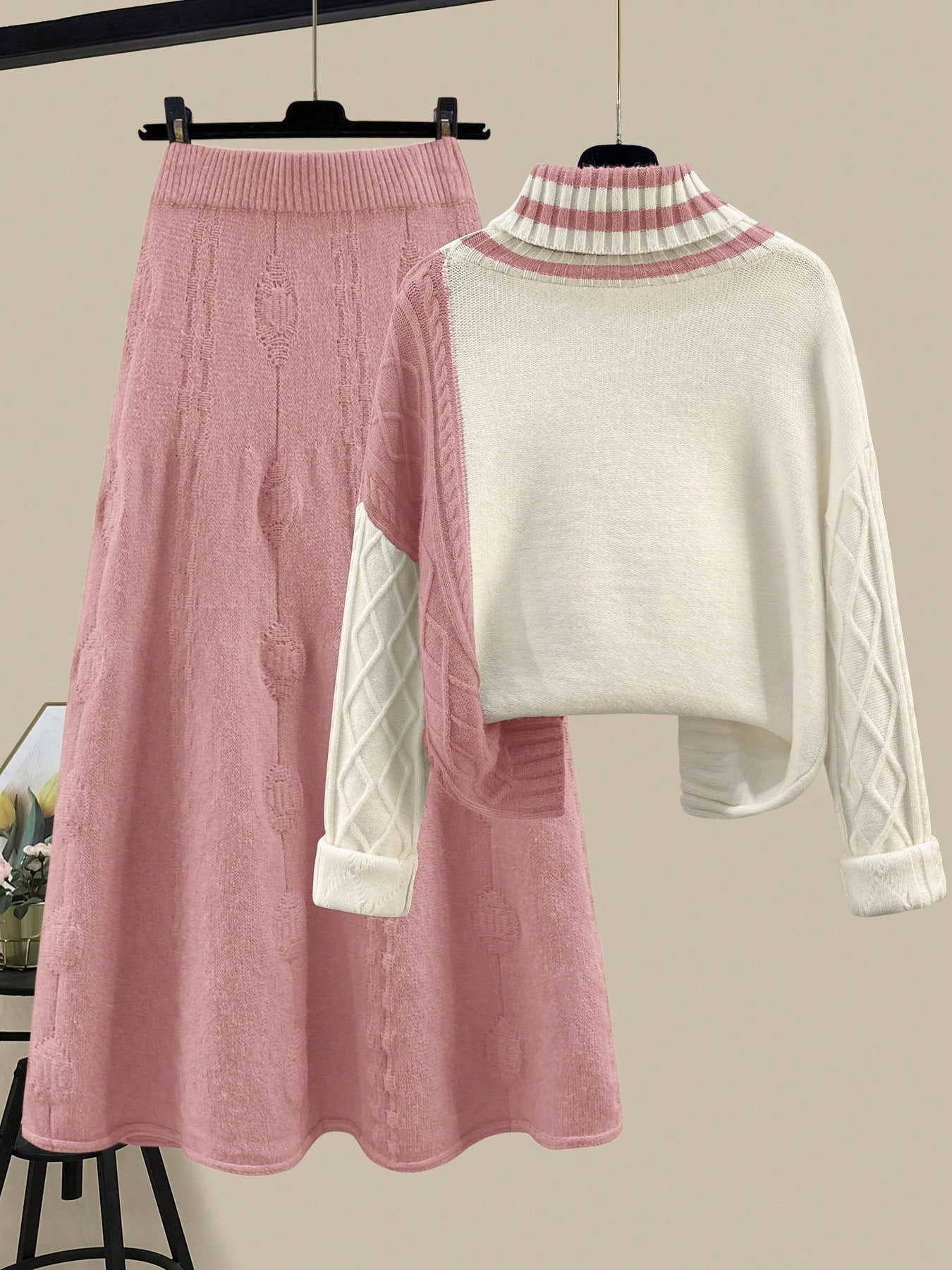 طقم بلوزة وتنورة نسائي فضفاض عصري بياقة عالية، أكم...