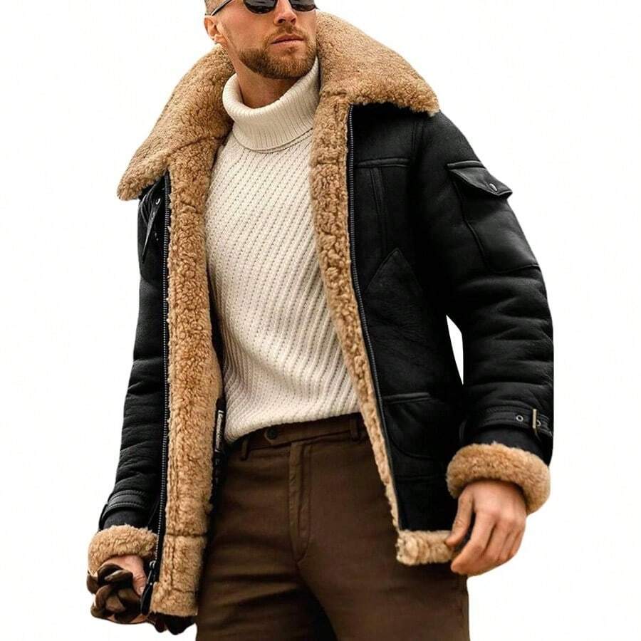 - Chaqueta de piel sinttica con solapa para hombre, estilo vintage, para invierno, estilo aviador, abrigo clido con cremallera - 2XL + Negro - Ver 1
