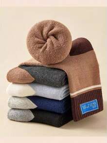 5 Pairs Striped Thickened Towel Padding Crew Socks For Men And Women, Fleece Inside Warm Socks For Autumn And Winter, Cozy Socks