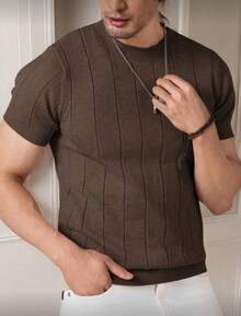Men's Casual Short-Sleeve Crew Neck Solid Color Knit T-Shirt - Cà phê nâu - Xem 5