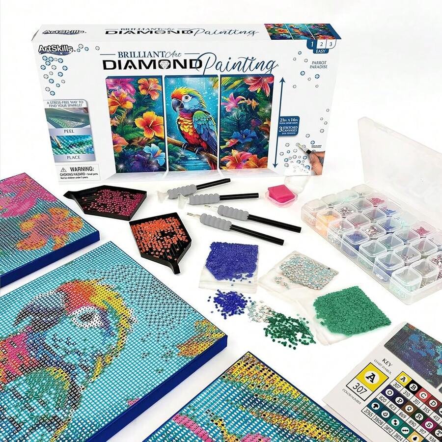 [Free Shipping]Diamond Painting Kit, Diamond Art Ready To Hang Framed Canvas With Storage And Accessory Kit, Parrot Paradise, 3 Stretched Canvas Panels, 14" X 7" Each,ParrotParadise - 鸚鵡天堂 - 查看 1