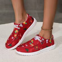 Cartoon Christmas Tree, Gift, Lollipop, Snowman, Santa Claus Printed Round Toe Fashionable Casual Lightweight Sneakers For Women - Red - View 4