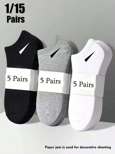 15双男女通用运动袜，适合春、夏、四季穿着，白色/黑色/灰色短袜，隐形袜，纯色简约风格，适合日常休闲穿着。