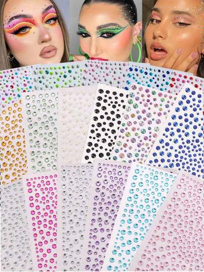 Pegatinas brillantes 3D de ojos y rostro de colores, pegatinas de maquillaje de ojos de cristal acrílico brillante en forma de diamante redondo, pegatinas de arte corporal de moda duraderas con autoadhesivo de strass, adecuadas para maquillaje DIY y decoración de vacaciones