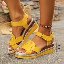 Sandalias planas con cuña gruesa, de plataforma, con abertura en los dedos y cierre de gancho y bucle para mujer - Amarillo - Ver 2
