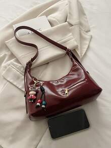 Sac à bandoulière avec décoration de fermeture éclair en forme de croissant de lune, sac fourre-tout polyvalent pour le shopping de rue, sac bandoulière de grande capacité, style rétro décontracté, mode streetwear Y2K pour femmes