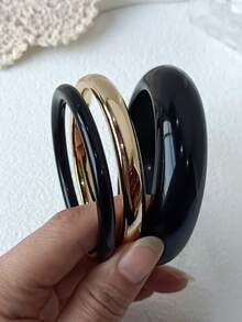 Set de 3 piezas de pulseras de acrílico retro elegantes y exageradas con brazalete de CCB dorado, de diseño simple, adecuadas para uso diario y de fiesta, para todas las estaciones - Multicolor AU - Ver 7