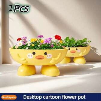 2 st/set tecknade skrivbordsblomkrukor, multifunktionella tecknade förvaringslådor, plastblomkrukor med dräneringshål - perfekt för inomhus-/utomhussuckulenter, örter och blommor, avslappnad stil, tecknad design, tecknad skrivbordsdekor