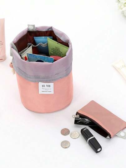 1pc Lightweight Simple Patch Details Solid Color Letter Patch Portable Drawstring Cosmetic Bag, Ladies Large Capacity Soft Waterproof Durable Cosmetic Bag, Beauty Bag, Toiletry Bag, Storage Bag, Drawstring Cosmetic Storage Bag Multifunctional Travel Toiletry Bag, Organize Your The Perfect Makeup Bag, Multipurpose Travel Toiletry Bag For On-The-Go Beauty Essentials, Great Makeup Storage, And Portable Toiletry Bag!