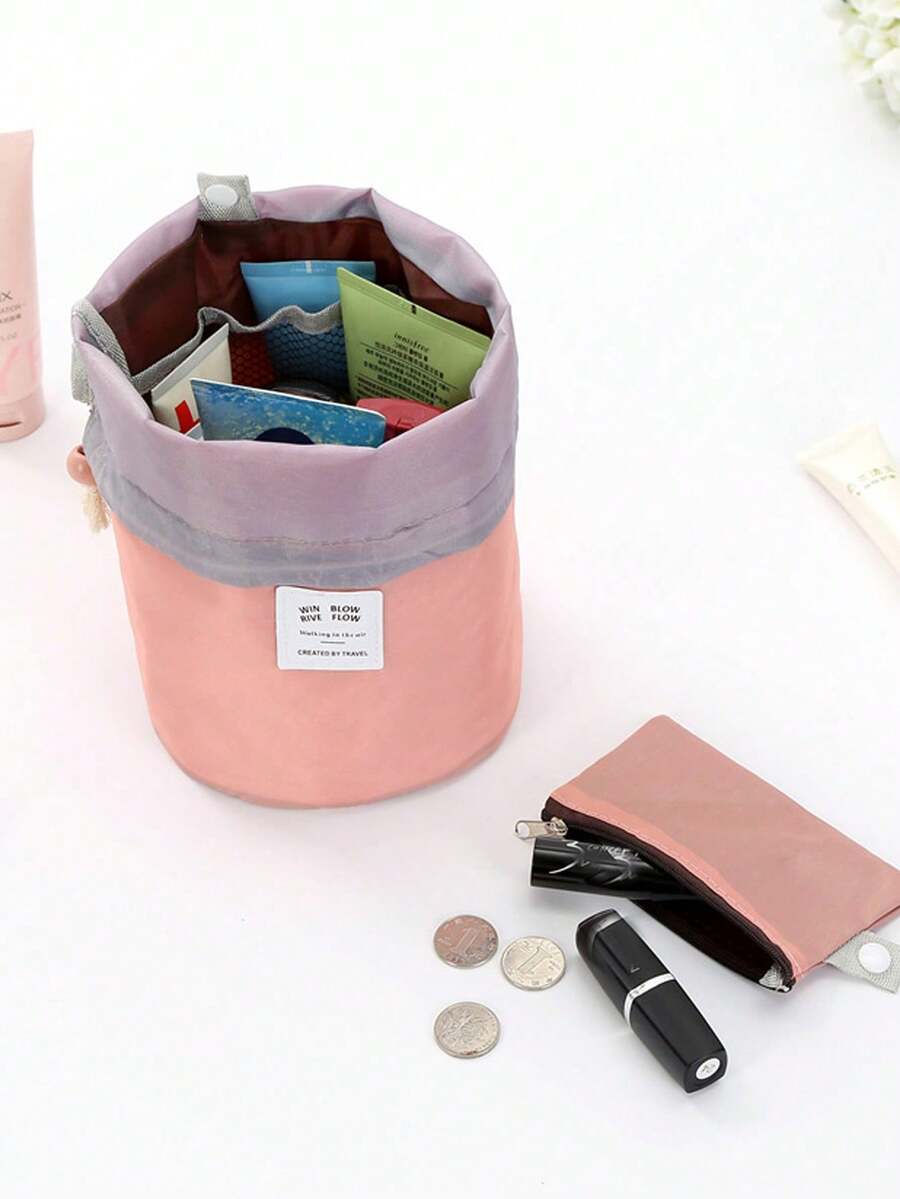 1pc Lightweight Simple Patch Details Solid Color Letter Patch Portable Drawstring Cosmetic Bag, Ladies Large Capacity Soft Waterproof Durable Cosmetic Bag, Beauty Bag, Toiletry Bag, Storage Bag, Drawstring Cosmetic Storage Bag Multifunctional Travel Toiletry Bag, Organize Your The Perfect Makeup Bag, Multipurpose Travel Toiletry Bag For On-The-Go Beauty Essentials, Great Makeup Storage, And Portable Toiletry Bag! - Multicolor - View 1