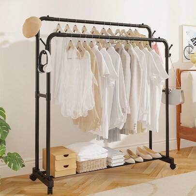 1pcs Stand-Alone Clothes Rack, Iron Multifunctional Storage Rack With Hook And Drying Organizer, Space-Saving Vertical Design Is Suitable For Multi-Purpose Indoor/Outdoor Iron Clothes Rack In Balcony, Laundry Room And Cloakroom.