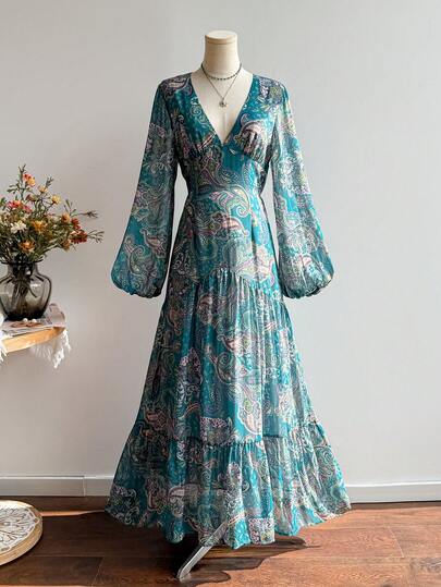 Rusttydustty Vestido largo de estilo boho con escote en V, estampado floral, cintura alta, manga larga y corte a la cintura, para fiestas, vacaciones, Cyber Monday, Navidad, Día de Acción de Gracias y Año Nuevo