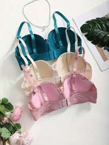 3pcs/Set Simple Design Women Underwire Lingerie Bras With Lace Trim - Non-Slip Adjustable Straps & Non-Removable Padded Cups For Everyday & Special Occasions, Sexy Lace French Romantic Lingerie Brassiere - 彩色 - 查看 2