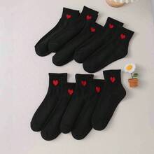 5 Pairs Of Black Heart-Shaped Socks, Soft And Comfortable, Suitable For Leisure And Sports, Heart-Shaped Printed Mid Tube Socks, Elegant Black And Red Heart-Shaped Pattern Design Socks, Suitable For Fashionable Casual And Formal Wear, Daily Comfortable Wear, Romantic Gift Socks, Minimalist Sock Design, Comfortable Ankle Socks - 黑色 - 查看 9
