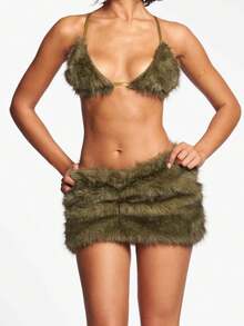 Women's Y2k Slim-Fit Fuzzy Black Skirt Casual Resort Outing Shorts Dress Classic Retro 90s Fashion Comfortable Elegant Party Club Bodycon Skirt Street Aesthetic, Christmas Mini Skirt Fall/Winter Clothing - màu xanh lá - Xem 3