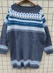 Plus Size Women's Geometric Pattern Plus Size Long Sleeve Pullover Sweater, Chic Casual European Style, Autumn/Winter - Grey - View 3