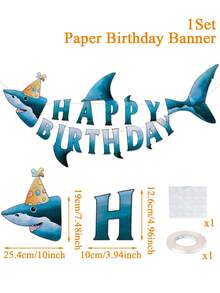 一套外星鲨鱼生日纸质横幅，浅蓝色鲨鱼生日字母悬挂横幅，鲨鱼海洋主题背景横幅，家居装饰，婴儿派对装饰，一周岁生日派对装饰用品，婴儿派对礼物，男孩派对鲨鱼装饰 - 鯊魚 - 查看 3