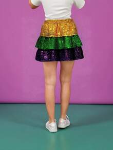 Women  Gras Sequin Mini Skirts Ruffled Sparkly Colorful Short Skirts High Waist Shiny Glitter Carnival Skirt Purple - 黃色 - 查看 3