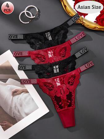 4-Piece Women's Sexy Lace Thong Set: Simple, Comfortable, Soft, And Skin-Friendly Underwear