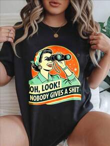 Oh Look Nobody Gives A  Women's Fashionable Print Casual T-Shirt Suitable For All Seasons
-Black - 黑色 - 查看 1