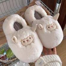 Pantuflas de lana para mujer con diseño de corderito adorable, cálidas para invierno, de casa, con punta cubierta, antideslizantes, cómicas y bonitas para uso interior - Blanco - Ver 10