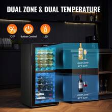 Enfriador de vino  para 32 botellas, refrigerador para vinos de doble zona y doble temperatura, refrigerador independiente con control digital, puerta de vidrio templado con protección UV, almacenamiento de vino tinto y blanco para bar en casa - Negro - Ver 3