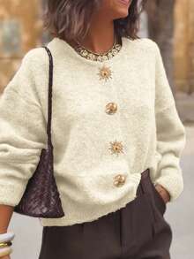 Live To Mo Winter For Women Christmas Beige Knit Cardigan Sweater - Fashionable Casual Style With Gold Buttons, Thanksgiving For Women Going Out Tops