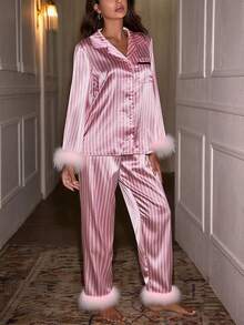 Women Feather Pajamas Silk Satin Lounge Sets Long Sleeve Button Down Shirts And Pants 2 Piece Pj Set - 粉色 - 查看 5