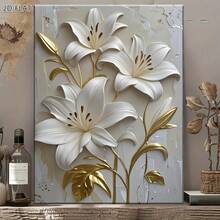 2D Flat, 1pc Wooden Framed Canvas Wall Art, Printed White And Golden Lily Canvas Art With Realistic Embossed Effect - Elegant Floral Wall Decor For Home, Bedroom, Living Room, Office, And Dining Area, Indoor/Outdoor Use, Modern Classic Style, Perfect Gift With Wood Frame, Flower Decor Ready To Hang 16*24 Inches/ 40*60cm - trắng - Xem 4