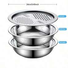 A Set Of 3 Piecesstainless Steel Kitchen Utensil Set, Including An Integrated Grater, A Multi-Functional Colander, And A Drainable Mixing Bowl - This Multi-Functional Bowl Can Be Used For Washing/Chopping Fruits, Vegetables, And Cheese. - Silver - View 4