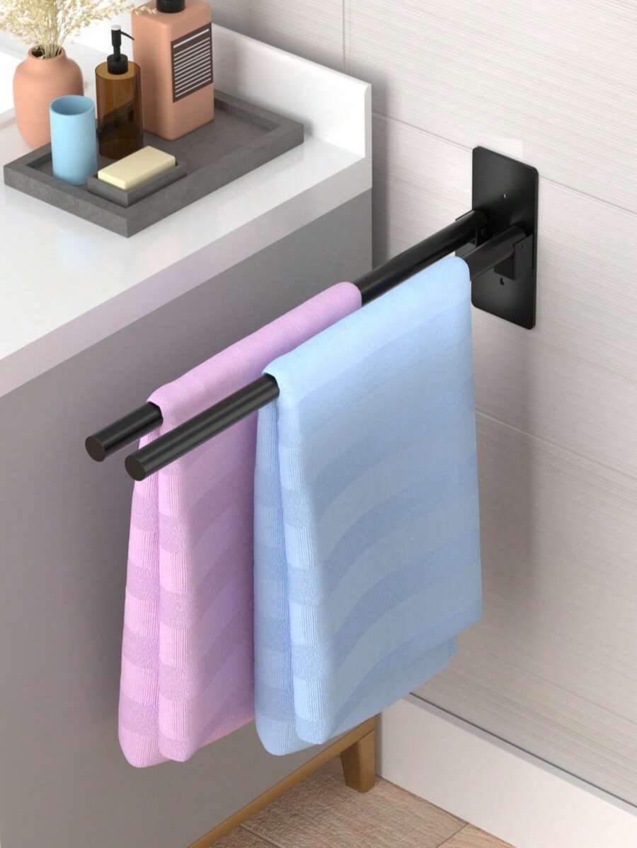1pc Foldable Double Bar Towel Rack, Bathroom Towel Holder, Wall Mounted Towel Rack, Bathroom Storage Rack, No Drill Towel Organizer Rack, Bathroom Accessories - Multicolor - View 1