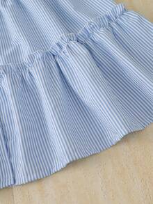 Girls Striped Dress, Big Girls Puff Sleeve Turndown Collar Mid-Length Dress, Navy Blue Bow Tie, Holiday Outfit, Summer Clothing, Travel Wear - Blue - View 6