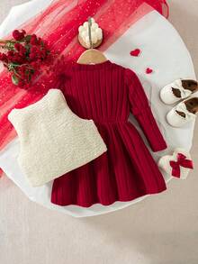 2pcs Baby Girl Casual Solid Color Bow Decor Front Button Sleeveless Top And Long Sleeve Knee-Length Dress Set, Fashion Outfit For Spring, Autumn & Winter - Burgundy - View 2