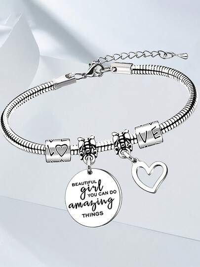 1pc Adjustable Bangle Hollow Heart Shape Pendant Stainless Steel Charm Bracelet Valentine's Day Gifts Best Friend Birthday Present