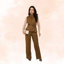 Conjunto Calça Pantalona E Blusa Gola Alta Cinto Amarração Elegante Hz Con-0012 - Marrom - Visão 2