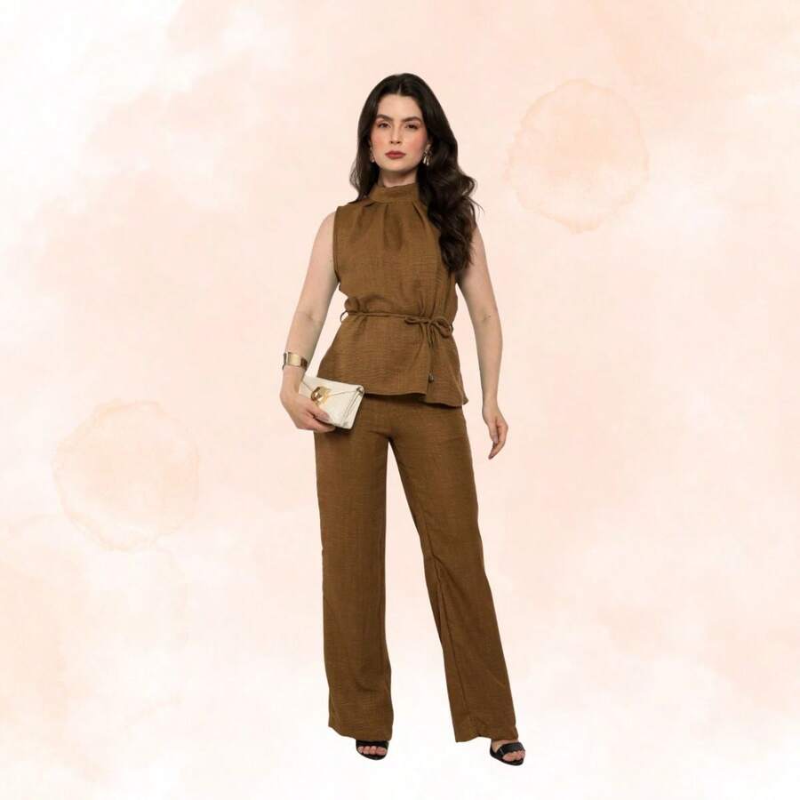 Conjunto Calça Pantalona E Blusa Gola Alta Cinto Amarração Elegante Hz Con-0012