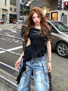 系带肩喇叭袖女式夏季 T 恤，收腰修身短款上衣