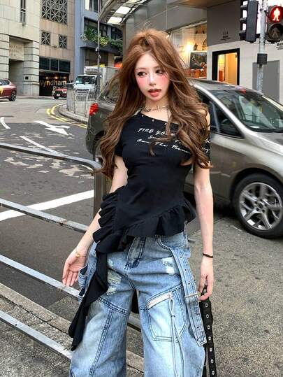 系带肩喇叭袖女式夏季 T 恤，收腰修身短款上衣